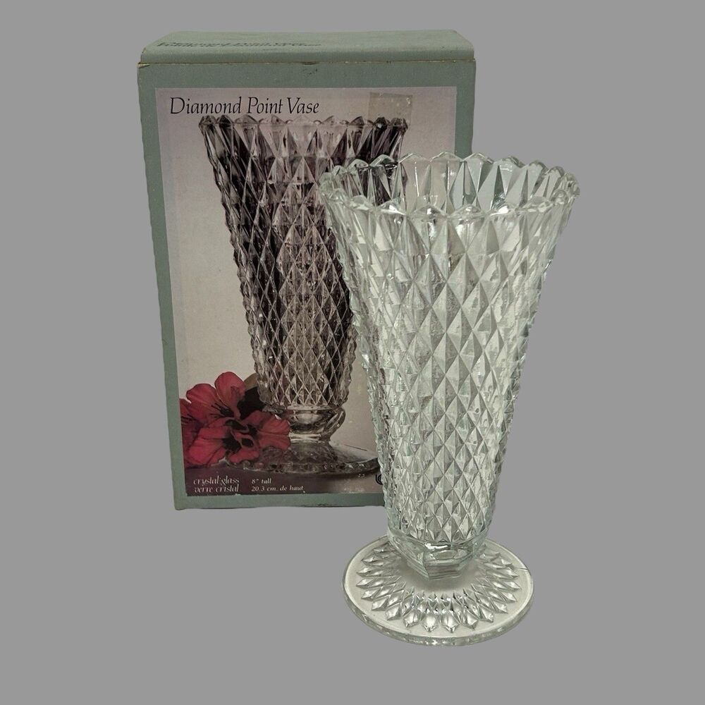 Vintage Indiana Glass 8” Clear Crystal Vase Diamond Point 3385 New In Box NIB